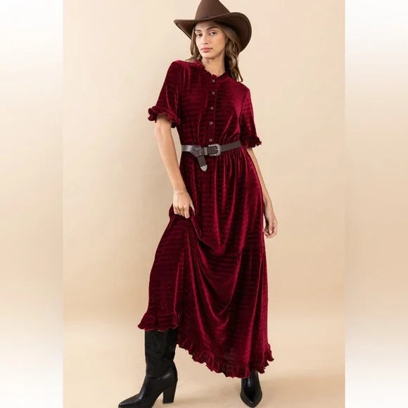 Shopevelynne Dresses | 17 Boho Textured Velvet Tiered Maxi Dress | Color: Red | Size: M | Pm-54722797's Closet Shopevelynne Dresses | 17 Boho Textured Velvet Tiered Maxi Dress | Color: Red | Size: M | Pm-54722797's Closet